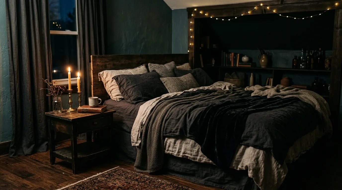 Finish with a bedroom that feels quiet and enveloping inspiration for a moody bedroom.